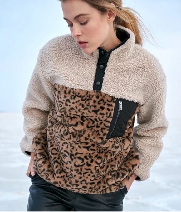 Rails Jackets & Blazers - RAILS Saga Leopard Print Faux Shearling Pullover Fleece Jacket Sherpa $248 S